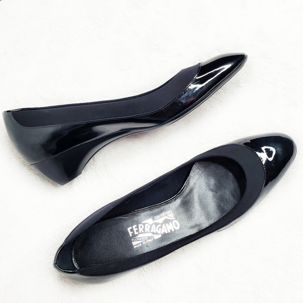 Salvatore Ferragamo Black Patent Leather Almond Toe Semi Wedge Ballet Fl…